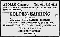 Golden Earring show ad Glasgow - Apollo November 14 1974